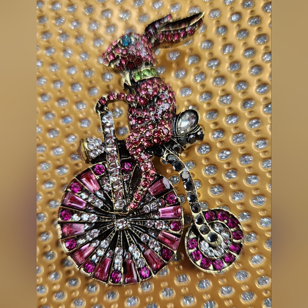 High Fashion Easter Bunny On A Bike Brooch Pin